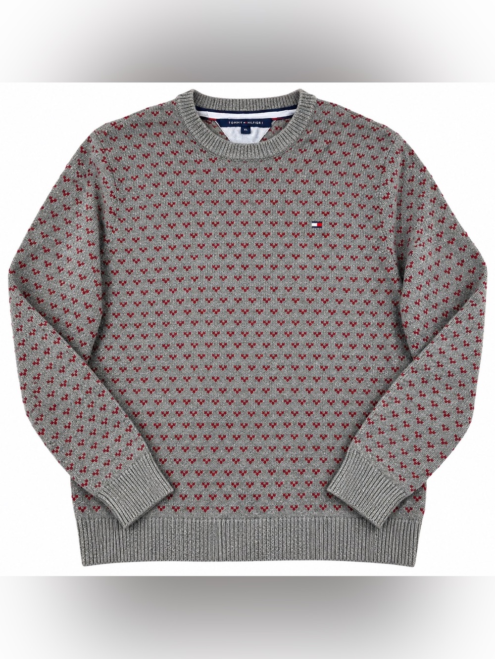 Tommy Hilfiger Mens XL Gray Red Fair Isle Knit Crewneck Sweater Cotton Wool
